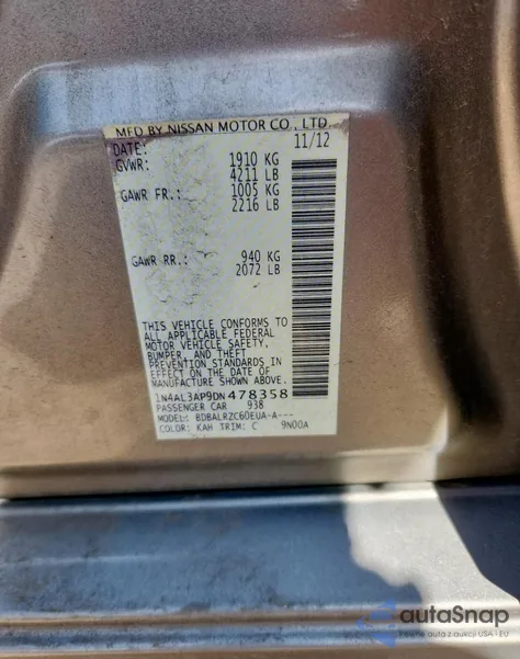 2013 Nissan Altima 2.5 из США, поврежденный, VIN 1N4AL3AP9DN478358